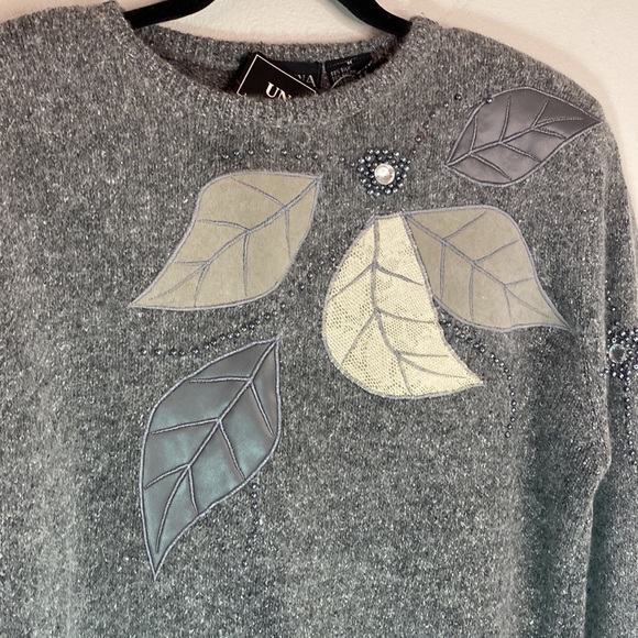 Vintage DeadStock UNO& UNA Silk Angora Rabbit Blend Beaded Leaf Accent Sweater - Picture 3 of 10